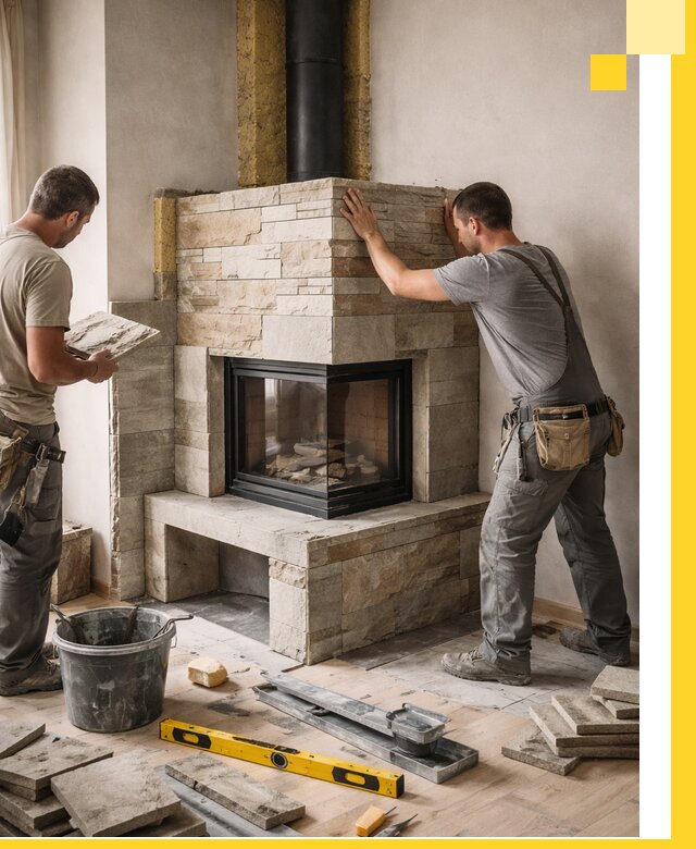 Угловые камины под ключ проект, монтаж и отделка в Тынде